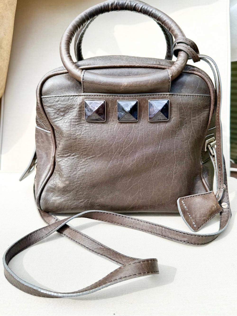Marc Jacobs Charcoal Leather Carter Jr. Studded Bag Vintage Satchel Purse